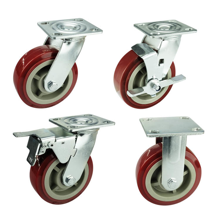 4 Inch Swivel Plate Flat Tread Red PVC PP Core Heavy Duty Casters